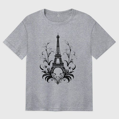 Женская футболка оверсайз Эйфелева башня в цветочном обрамлении / Меланж – фото 1