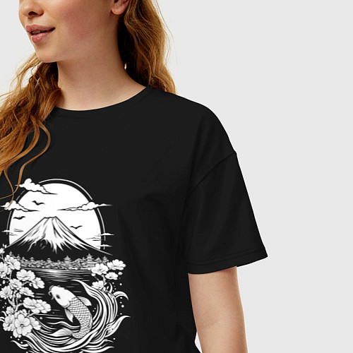Женская футболка оверсайз Фудзи и карп кои / Черный – фото 3