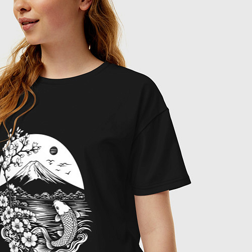 Женская футболка оверсайз Сакура, Фудзи и карп кои / Черный – фото 3