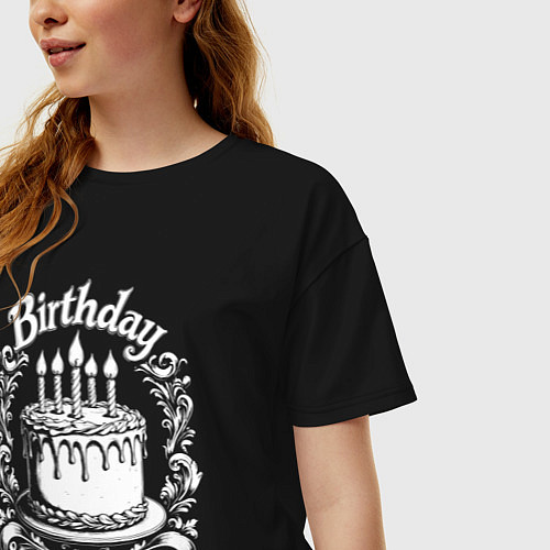 Женская футболка оверсайз День рождения торт в орнаменте / Черный – фото 3