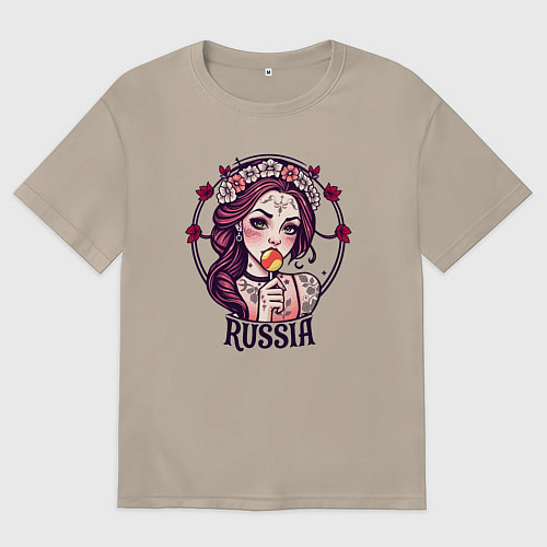 Женская футболка оверсайз Русская девушка в узорах / Миндальный – фото 1