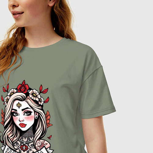 Женская футболка оверсайз Русская девушка с узорами / Авокадо – фото 3