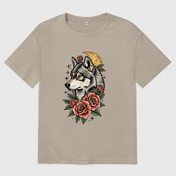 Женская футболка оверсайз Волк на фоне луны в стиле татуировки