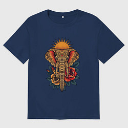 Футболка оверсайз женская Слон на фоне солнца с розами в стиле тату, цвет: тёмно-синий