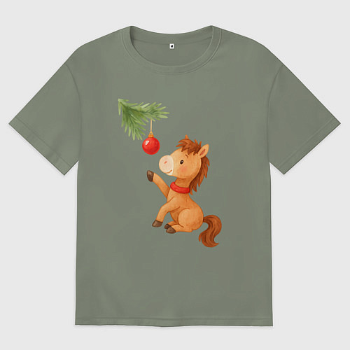 Женская футболка оверсайз Лошадка с елочным шариком / Авокадо – фото 1