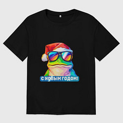 Футболка оверсайз женская Новогодняя лягушка, цвет: черный