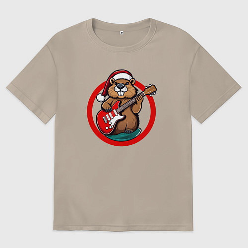 Женская футболка оверсайз Новогодний бобр с гитарой / Миндальный – фото 1
