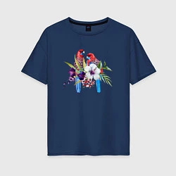 Женская футболка оверсайз Попугаи с цветами