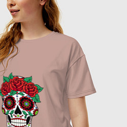Футболка оверсайз женская Расписной женский череп, цвет: пыльно-розовый — фото 2