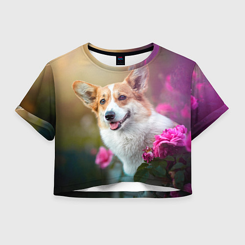 Женский топ Корги в розовом кусте / 3D-принт – фото 1