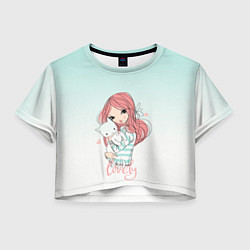 Футболка 3D укороченная женская Девочка и любимый кот арт, цвет: 3D-принт