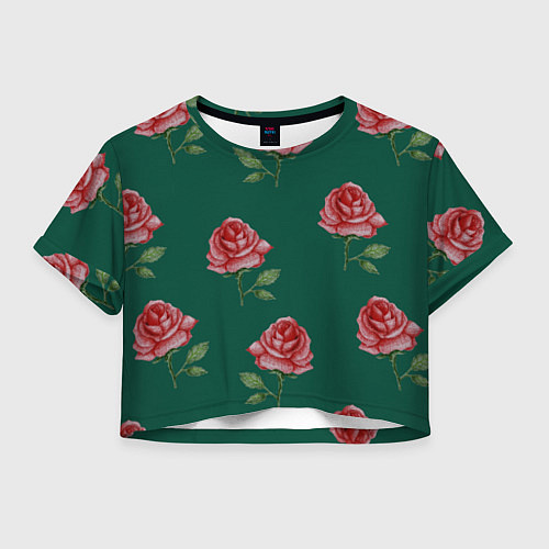 Женский топ Ярко красные розы на темно-зеленом фоне / 3D-принт – фото 1