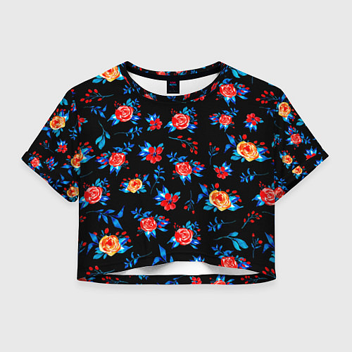 Женский топ Яркие розы на черном фоне / 3D-принт – фото 1