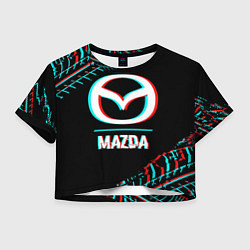 Футболка 3D укороченная женская Значок Mazda в стиле glitch на темном фоне, цвет: 3D-принт