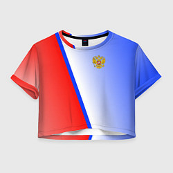 Футболка 3D укороченная женская Россия полосы с гербом, цвет: 3D-принт