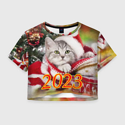 Футболка 3D укороченная женская Котенок в новогодней шапочке, цвет: 3D-принт