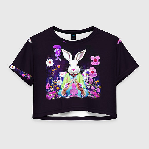 Женский топ Кролик в цветах на черном фоне / 3D-принт – фото 1