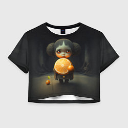 Футболка 3D укороченная женская Девочка с мандарином в руках, цвет: 3D-принт