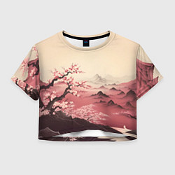 Футболка 3D укороченная женская Сакура в горах, цвет: 3D-принт