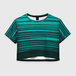 Футболка 3D укороченная женская Яркие неоновые бирюзовые полосы на черном, цвет: 3D-принт