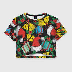 Футболка 3D укороченная женская Узор с рождественскими колокольчиками, цвет: 3D-принт
