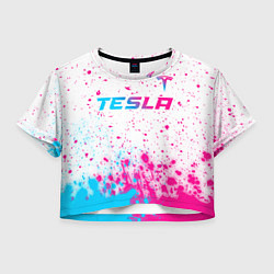 Футболка 3D укороченная женская Tesla neon gradient style: символ сверху, цвет: 3D-принт