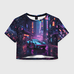Футболка 3D укороченная женская Футуристичный неоновый спорткар, цвет: 3D-принт