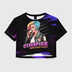 Футболка 3D укороченная женская Кибер девушка пьет пиво, цвет: 3D-принт