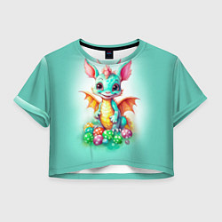 Футболка 3D укороченная женская Зеленый дракончик с новогодними игрушками, цвет: 3D-принт