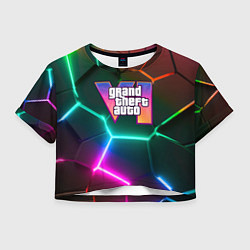 Футболка 3D укороченная женская GTA 6 лого на фоне разлома разноцветных плит, цвет: 3D-принт