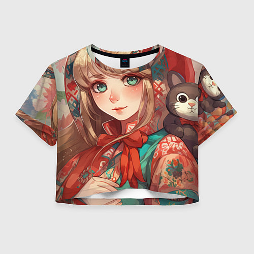Женский топ Русская девушка в аниме стиле в платке и с плюшево / 3D-принт – фото 1