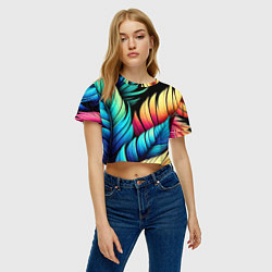 Футболка 3D укороченная женская Color feathers - neon, цвет: 3D-принт — фото 2