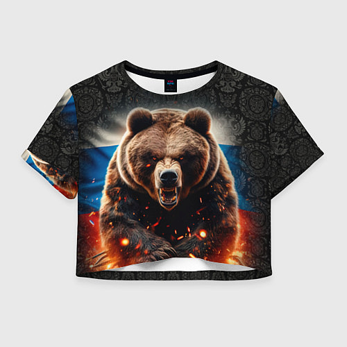 Женский топ Русский медведь на фоне флага и огня / 3D-принт – фото 1