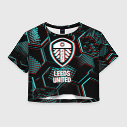 Футболка 3D укороченная женская Leeds United FC в стиле glitch на темном фоне, цвет: 3D-принт