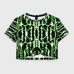 Футболка 3D укороченная женская Техно белые линии с зелёной обводкой на чёрном фон, цвет: 3D-принт