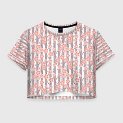Футболка 3D укороченная женская Коралловые цветы на полосатом фоне, цвет: 3D-принт