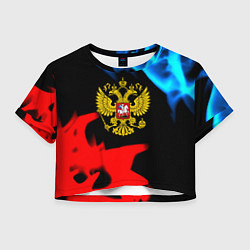 Футболка 3D укороченная женская Россия герб огненый стиль, цвет: 3D-принт