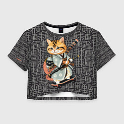 Футболка 3D укороченная женская Котенок самурай на скейтборде, цвет: 3D-принт
