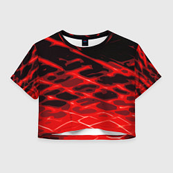 Футболка 3D укороченная женская Красные абстрактные полосы на чёрном фоне, цвет: 3D-принт