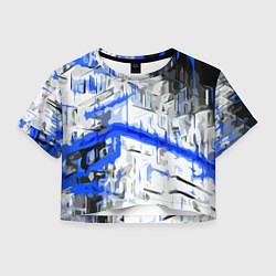 Футболка 3D укороченная женская Сине-белая абстракция на чёрном фоне, цвет: 3D-принт