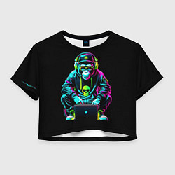 Футболка 3D укороченная женская Неоновая обезьяна хакер в хип хоп стиле, цвет: 3D-принт