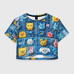 Футболка 3D укороченная женская Зайчата на пэчворк, цвет: 3D-принт