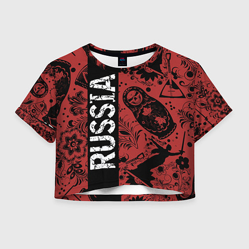 Женский топ Россия на фоне матрёшек балалайки и славянских узо / 3D-принт – фото 1