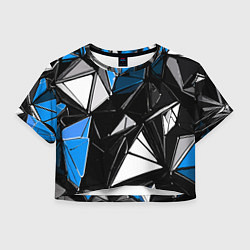 Футболка 3D укороченная женская Сине-белые рельефные треугольники на чёрном фоне, цвет: 3D-принт