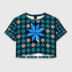 Футболка 3D укороченная женская Сине-белые звёзды на чёрном фоне, цвет: 3D-принт