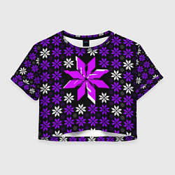 Футболка 3D укороченная женская Фиолетово-белые звёзды на чёрном фоне, цвет: 3D-принт