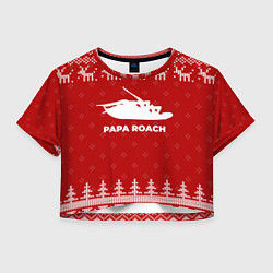 Футболка 3D укороченная женская Новогодний Papa Roach с оленями, цвет: 3D-принт
