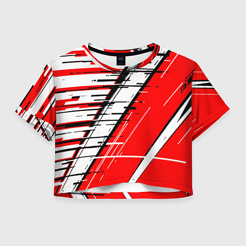 Женский топ Чёрно-белые глитч полосы на красном фоне / 3D-принт – фото 1