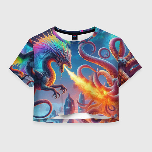 Женский топ Огнедышащий дракон против осьминога - нейроарт фан / 3D-принт – фото 1