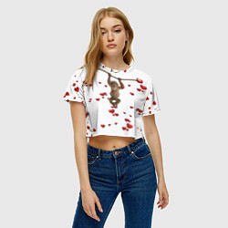 Футболка 3D укороченная женская Обезьянка висит на веревке среди сердечек, цвет: 3D-принт — фото 2